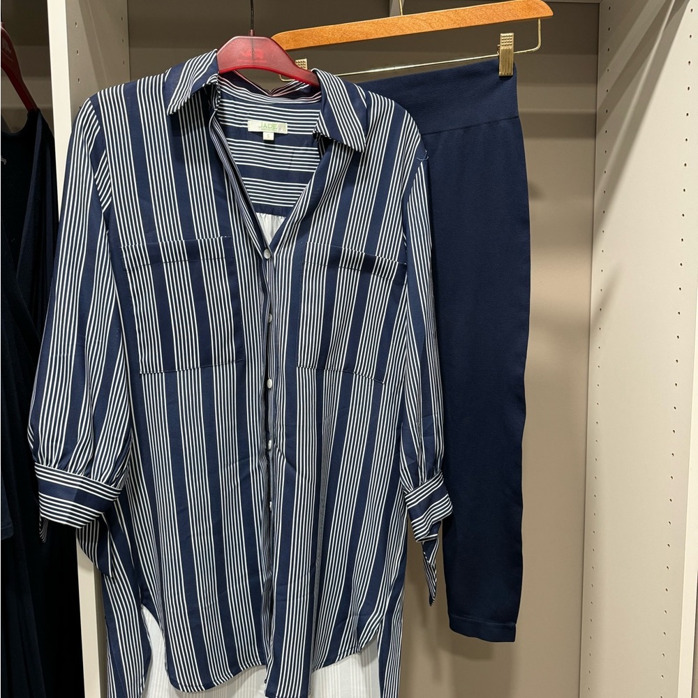 Navy striped oversized blouse with matching leggings